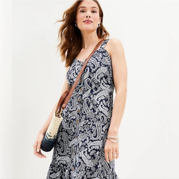 LOFT Navy & White Paisley Linen Dress Size 6 - Picture 2 of 16